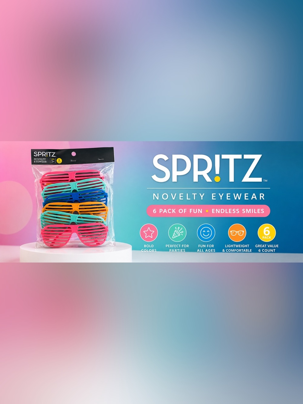 Spritz Novelty Eyewear 6-Pack - Bright Pink, Blue, Teal, Orange